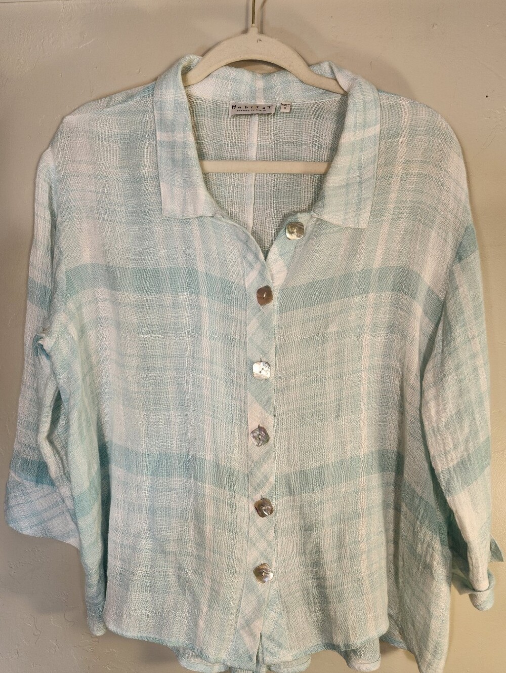 Habitat Mint and White Plaid Button-Down Shirt Linen
